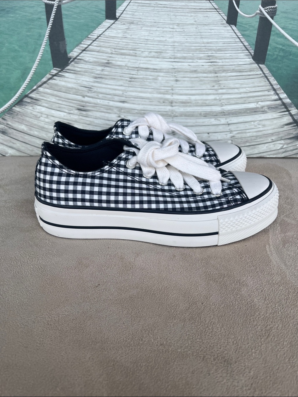 Converse Blue & White Gingham Platform Sneakers
